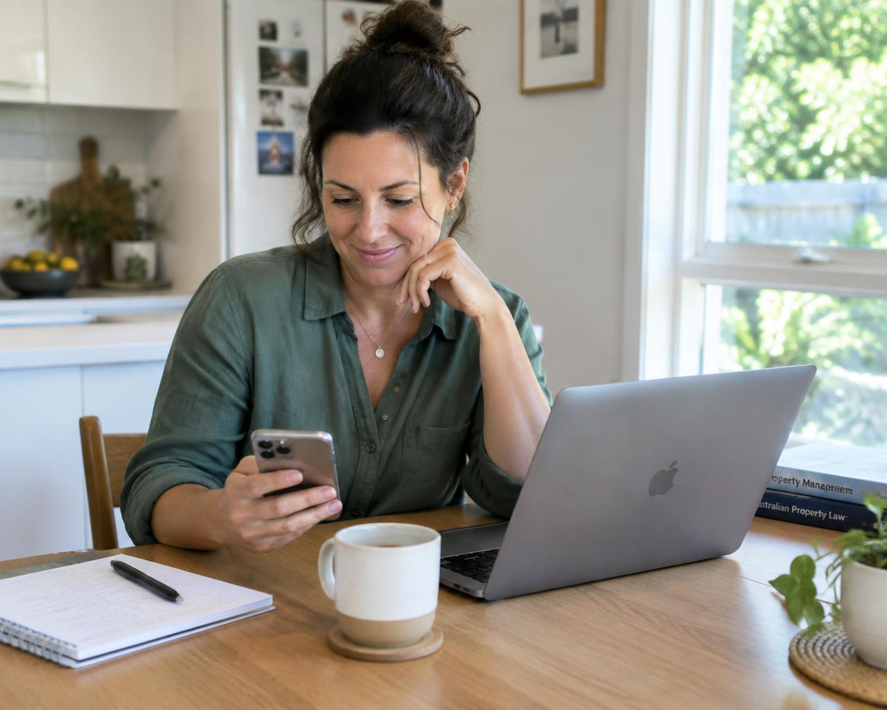A business owner reviewing an offer on her phone